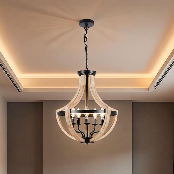 19 in. 5-Light Matte Black Finish and Walnut Fixture Color Pendant Light for Kitchen with No Bulbs included