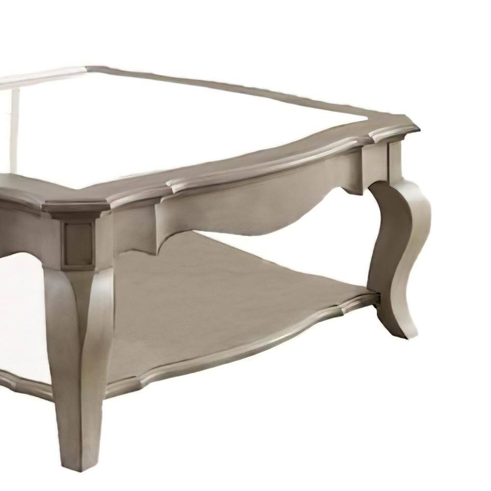 Antique Brown Square Wood & Glass Coffee Table with Storage Shelf