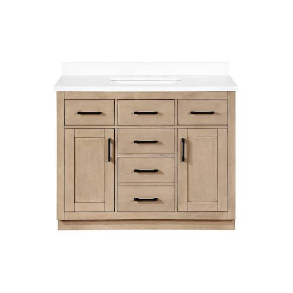 Bailey 42 in. Single Sink Sahara Birch Bath Vanity with White Quartz Top and Integrated Power Outlet (Assembled)