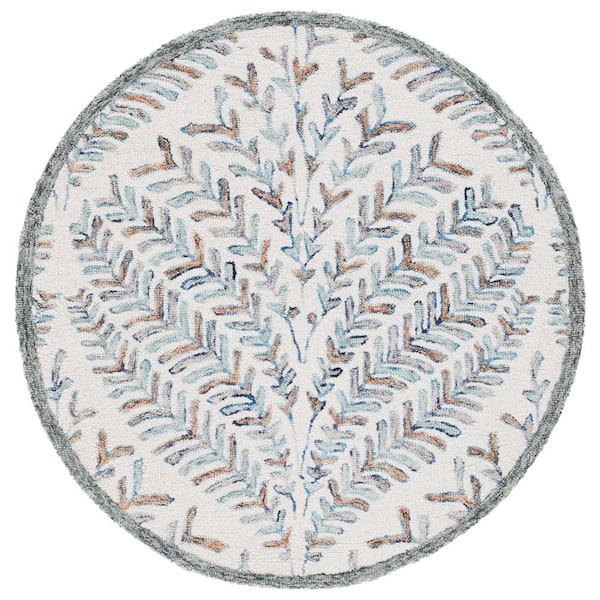 Capri 4 ft. x 4 ft. Round Ivory/Blue Geometric Leaf Area Rug