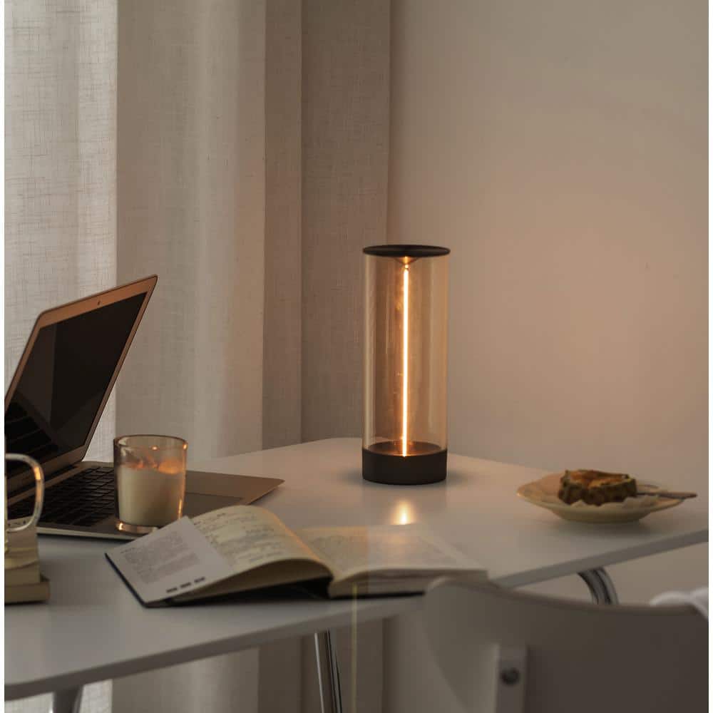 Gray Cordless Cylinder LED Bedside Lamp with Acrylic Shade