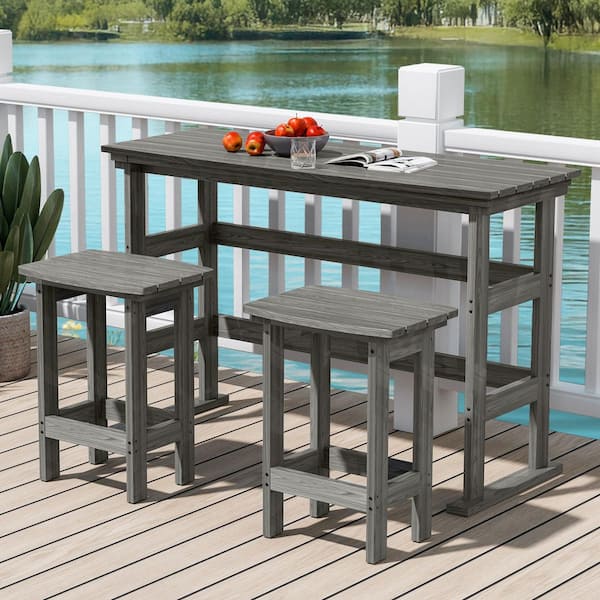 PamaPic 3-Piece HDPE Plastic Outdoor Plastic Outdoor Patio Rectangle Bar Height Bistro Dining Set in Gray