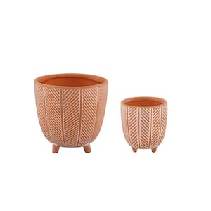 6 in. x 4 in. Terracotta Orange Chevron Ceramic Footed Pot (Set of 2)