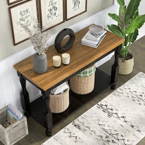 Heavenly 47 in. Antique Black and Oak Rectangle Console Table with Open Shelf