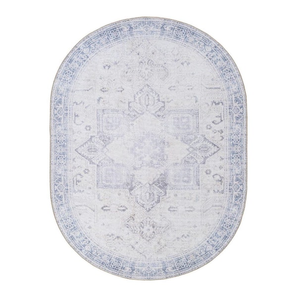 Medallion Boho Machine Washable Area Rug Blue 5 ft. x 7 ft. Oval