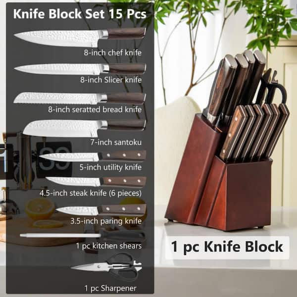 Bunpeony 16-Piece Stainless Steel Knife Block Set with Sharpener ZMCT141-8  - The Home Depot