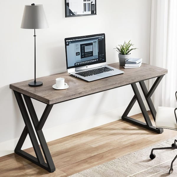 55 in. Rectangular Gray Wood Computer Desk Writing Table with Metal Legs for Home Office and Writing
