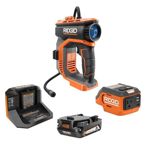 RIDGID 18V Cordless Digital Inflator Kit with 2.0 Ah Battery and Charger with 18V Cordless 175-Watt Power Inverter
