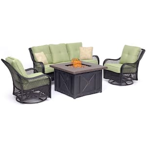 Orleans 4-Piece Woven Steel Patio Fire pit Seating Set with Avocado Green Cushions, Sofa, Swivel Gliders and Fire pit