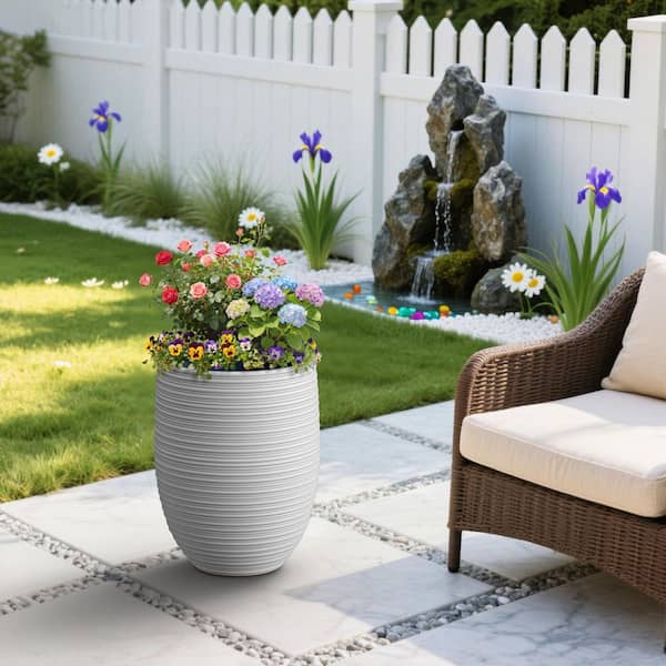17 in. Pearl White(Upgraded Interior) Concrete Round Planter / Pot with Drainage Hole for Indoor and Outdoor