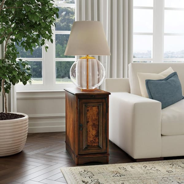 Harling 12 in. W Medium Brown Rectangular Wood 1 Door Side Table with Pull-Out Tray