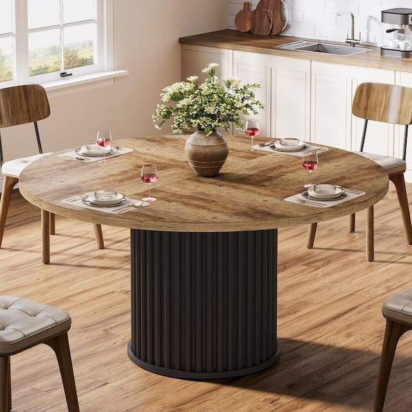 Delilah Modern Brown Black Wood 47 in. Trestle Dining Table Round Pedestal Kitchen Table Seats 4 for Dining Room