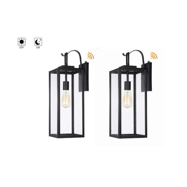 Foothill 22.5 in. 1-Light Matte Black Outdoor Dusk to Dawn Wall Lantern Sconce with Clear Glass (2-Pack)