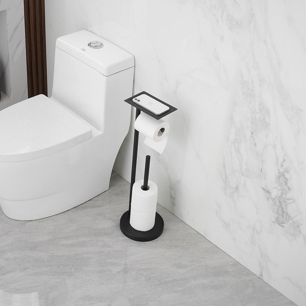 Matte Black Freestanding Stainless Steel Toilet Paper Holder with Storage Shelf