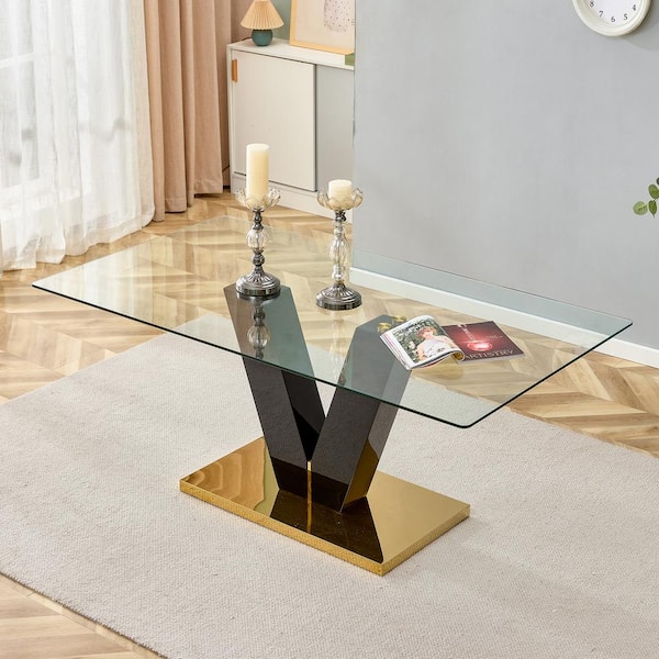 Polibi 78.87 in. Black Modern Tempered Glass Rectangular V Shaped Pedestal Dining Table Seats 8