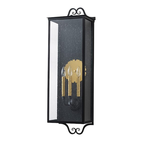 35.25 in. Black Outdoor Hardwired Wall Lantern Sconce with Seeded Glass and Gold Accent, No Bulbs Included