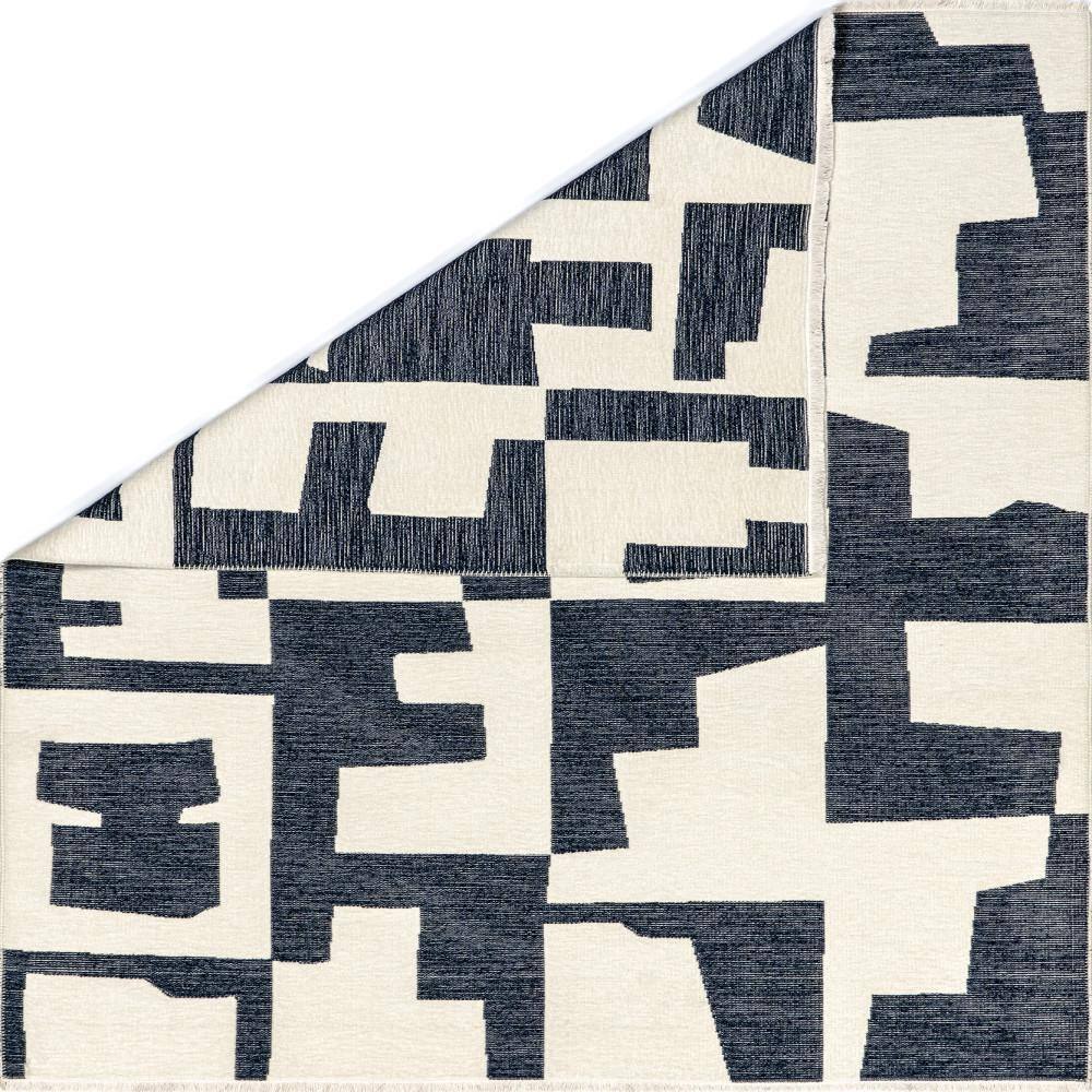 Viktoria Navy and White Geometric Reversible Washable Rug