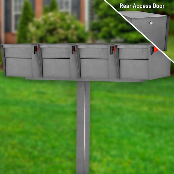 Mail Boss Mail Manager Street Safe X4 Rear Locking Mailbox Combo Kit, In-Ground Post, Granite, 4-Compartment Security Cluster