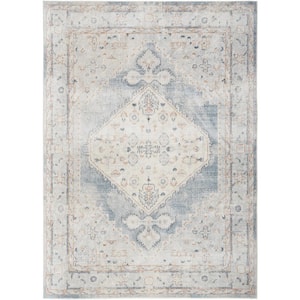 Astra Machine Washable Light Blue 5 ft. x 7 ft. Vintage Traditional Area Rug