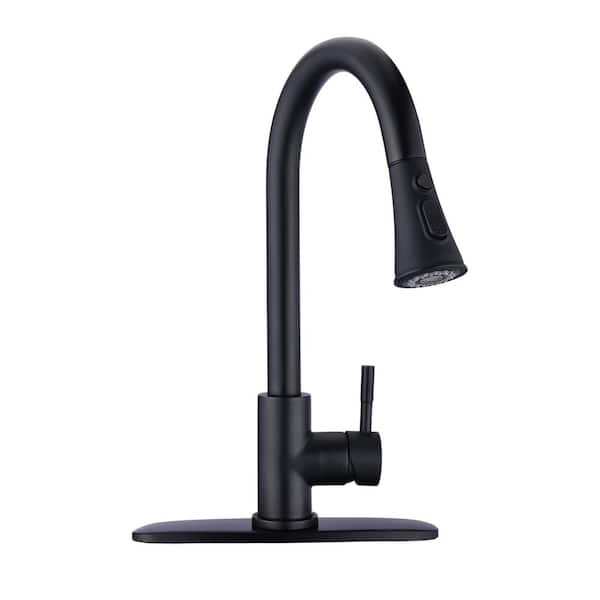 Pdpbath Single Handle Pull Down Sprayer Kitchen Faucet with Deckplate Included in Matte Black