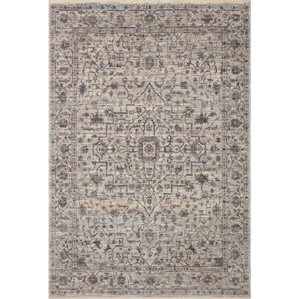 LOLOI II Sorrento Mist/Charcoal 5'-3" x 5'-3" Round Oriental Fringe Area Rug