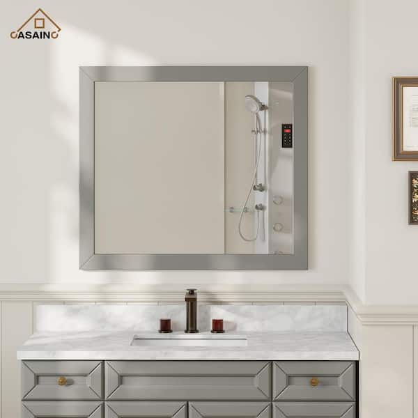 35 in. W x 34 in. H Rectangle Frame Wall Mounted Modern Bathroom Vanity Mirror in Grey