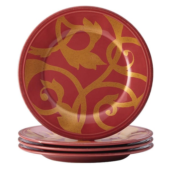 Rachael Ray Dinnerware Gold Scroll 4-Piece Round Appetizer Plate Set in Cranberry Red