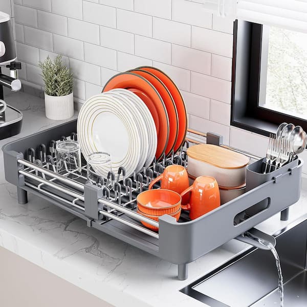18.7 in. x 13.78 in. Stainless Steel Dish Rack, Extendable Drainboard with Foldable, Space-Saving Cup and Bowl Organizer