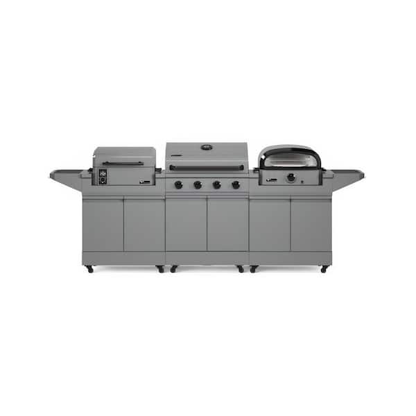 Modular Grilling Island with Anaheim 4-Burner Gas Grill, Pellet Smoker with Cart, and Pizza Oven with Cart in Gray