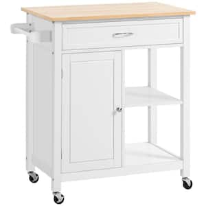 Rolling White Solid Wood Top 33 in. Kitchen Island Cart with Adjustable Shelf