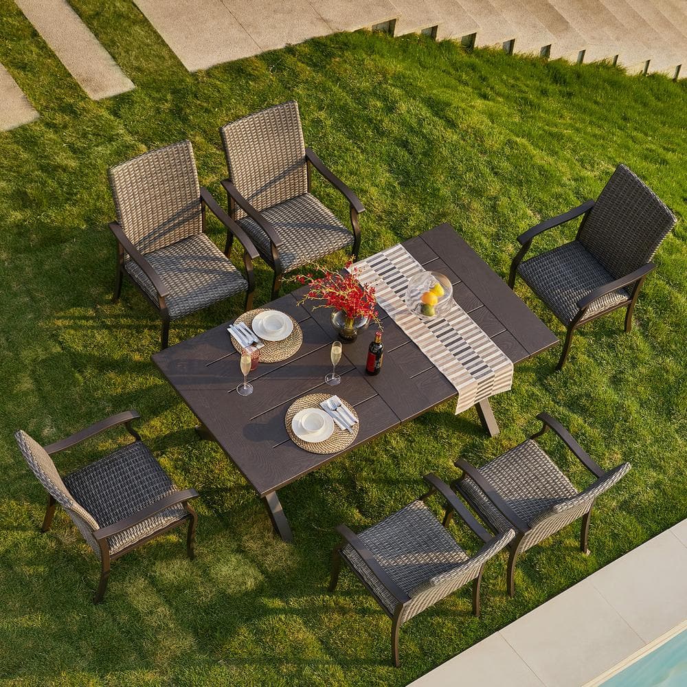 Tunearary Gray 7Pieces 74 in. L Patio Dining Set with Rattan Chairs