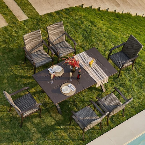Tunearary Gray 7-Pieces 74 in. L Patio Dining Set with Rattan Chairs and Rectangular Aluminum Table