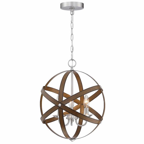 Pia Ricco 3-Light Brown and Brushed Nickle Pendant Light Fixture with Caged Globe Metal Shade