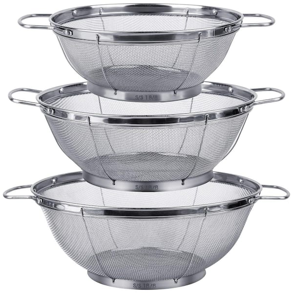 18/8 Stainless Steel Mesh Strainer Set with Riveted Handles, 3-Piece (3/4/5QT) Silver Kitchen Colanders, Rinse or Steam