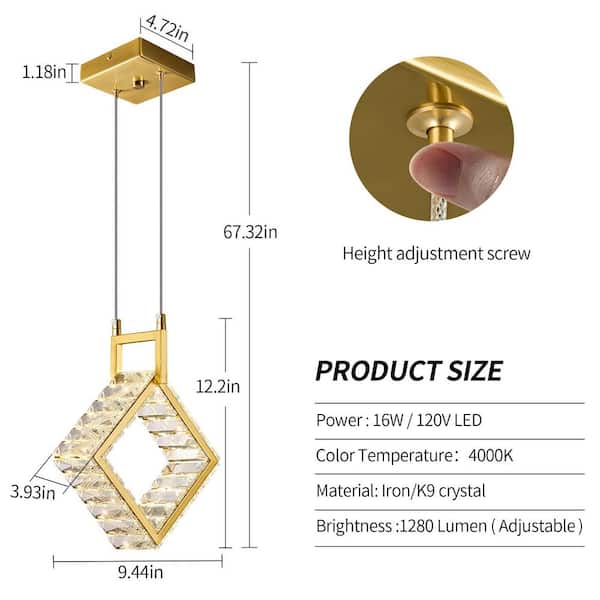 ZHLWIN Home Lighting 12W 1-Light Gold Square Modern Led Crystal