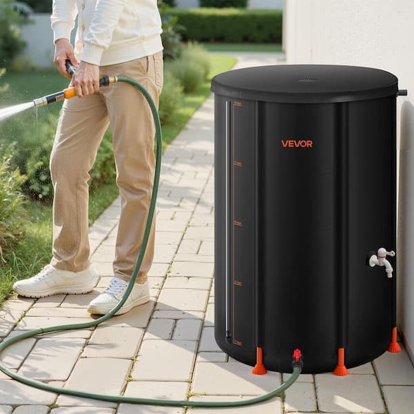 Collapsible Rain Barrel, 100 Gal. 1000D PVC, Garden Water Catcher Tank Storage Container w/ Spigot & Overflow Kit, Black