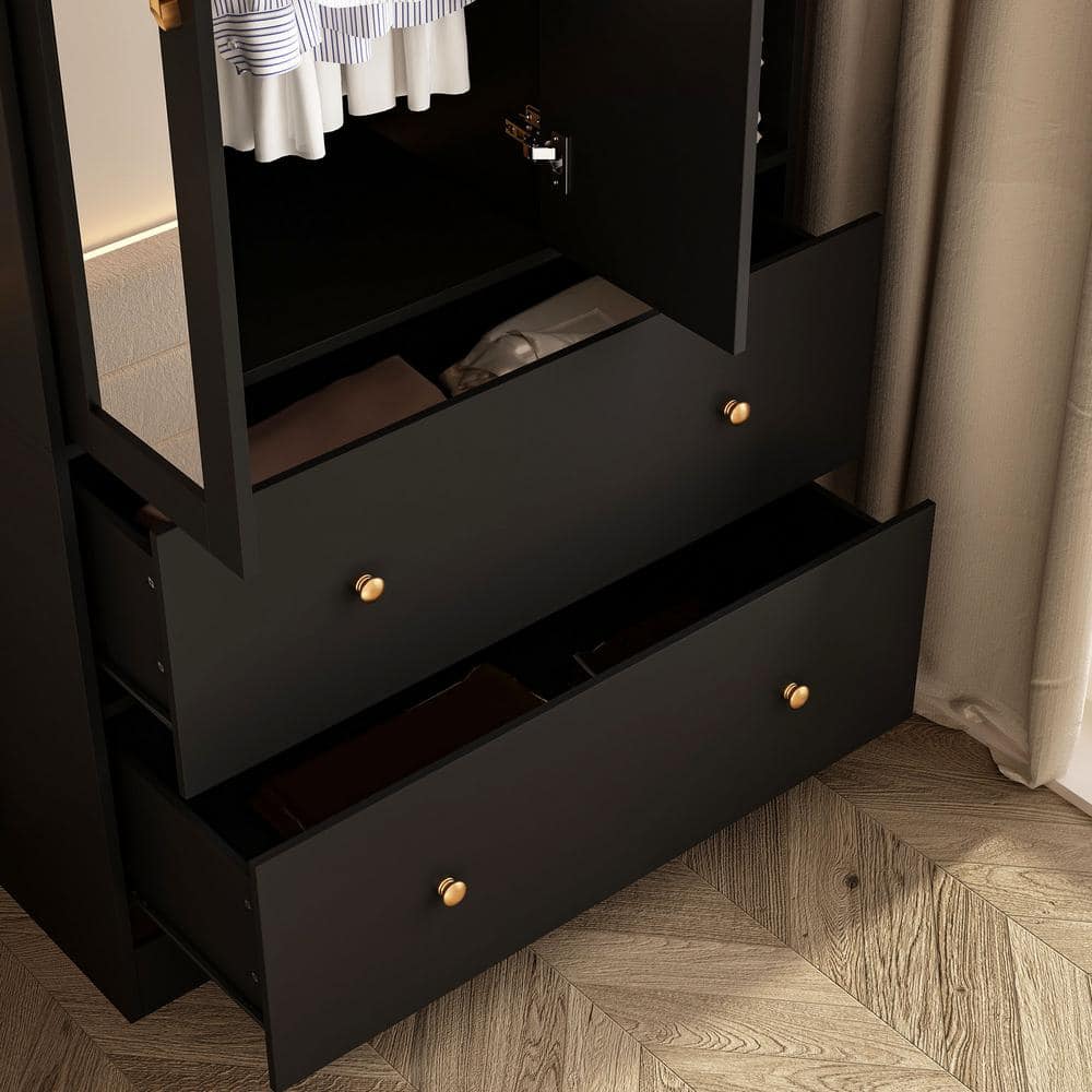 White Wood 35.5 in. W Armoires Wardrobe With Mirror, Pulling Hanging Rod, Drawers, Shelves 15.8 in. D x 70.8 in. H - thumbnail 7
