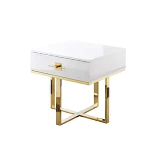Maui 21.7 in. White/Gold Square Shape Top Material Wood End Table With 1-Drawer