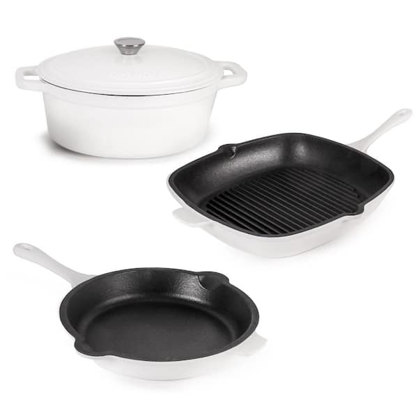 BergHOFF Neo 4-Piece Cast Iron Cookware Set, Grill Pan, Fry Pan and Oval Dutch Oven, White