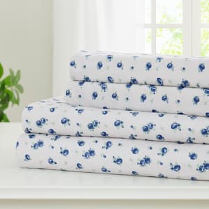 Printed 4-Piece Microfiber Sheet Set Sweet Rose Blue Queen