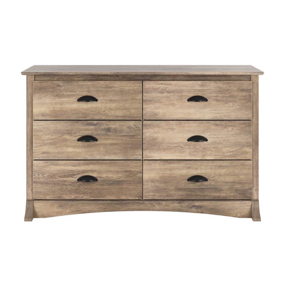 Coastal Gray 6-Drawer Double Dresser with Black Metal Handles