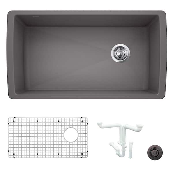Diamond 33.5 in. Undermount Single Bowl Cinder Granite Composite Kitchen Sink Kit with Accessories