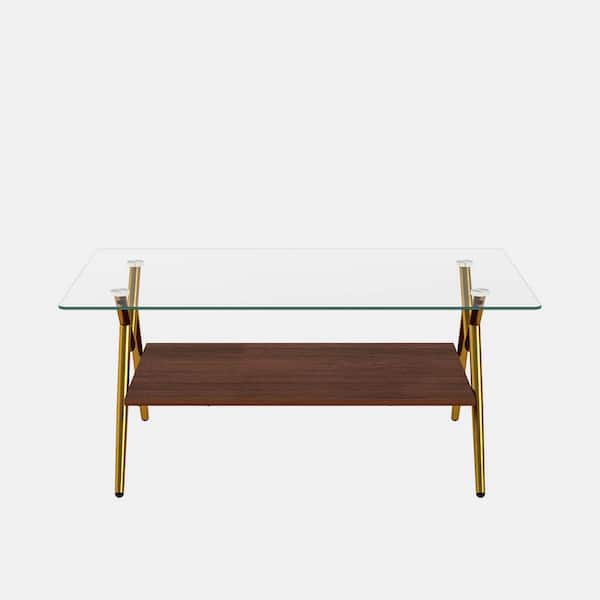 wetiny 38.6 in. Transparent Rectangle Tempered Glass Top Coffee Table with Golden Metal Legs