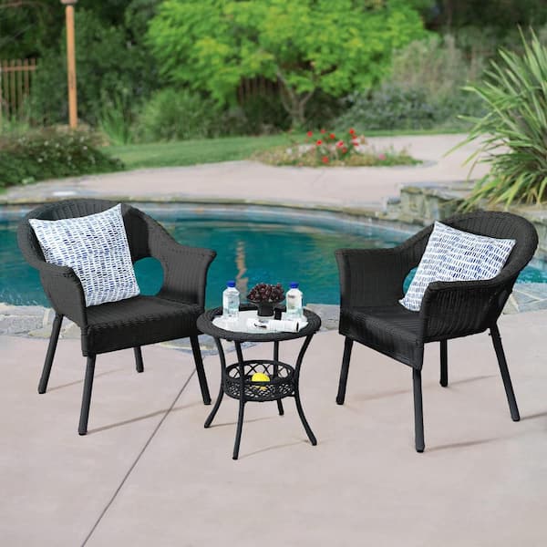 Sudzendf Black 3-Piece Wicker Outdoor Bistro Set with Outdoor Side Table
