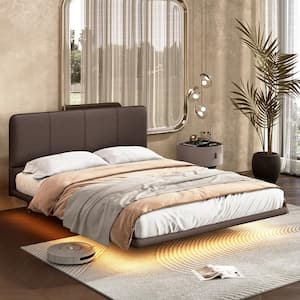 Chrisla Brown Wood Frame Queen Size Platform Beds with LED Lighting, Modern Upholstered Leatherette Floating