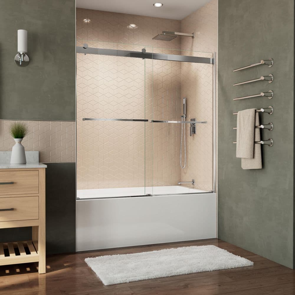 Essence 60" Frameless Chrome Sliding Tub Door with ClearMax