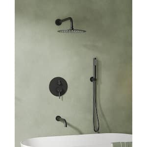 Double-Handle 3-Spray Rain Round 10 in. Wall Mount Tub and Shower Faucet in Matte Black 1.8/2.5 GPM