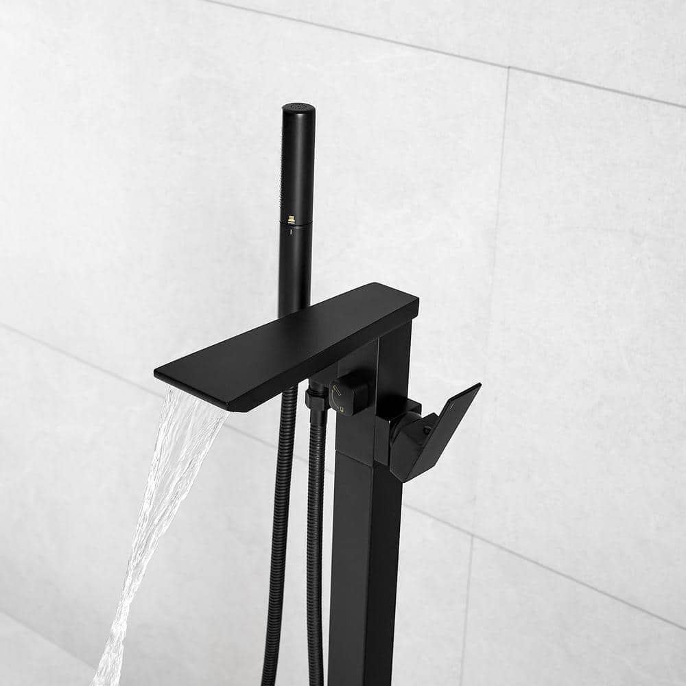 Matte Black Solid Brass Freestanding Tub Faucet with Handheld Shower