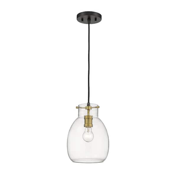 Unbranded 1-Light Matte Black and Olde Brass Mini-Pendant with Clear Glass Shade