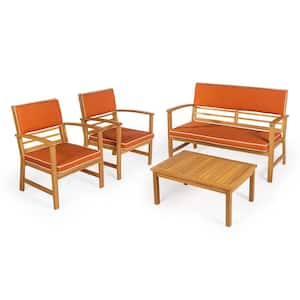 Barclay 4-Piece Modern Coastal Acacia Wood Conversation Outdoor Patio Set with Orange/Teak Brown Cushions